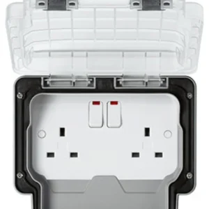 MK Weatherproof Socket 2 Gang 13A Switched IP66 Grey/Clear Cover