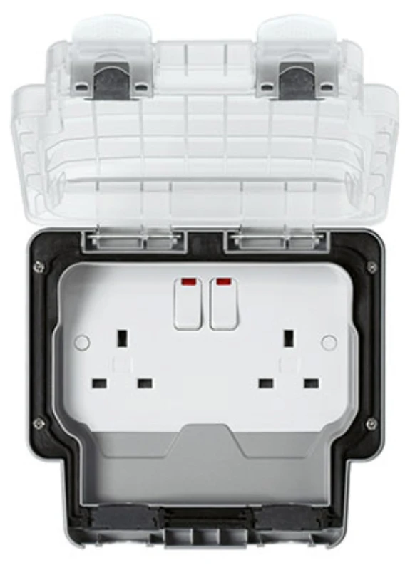 MK Weatherproof Socket 2 Gang 13A Switched IP66 Grey/Clear Cover