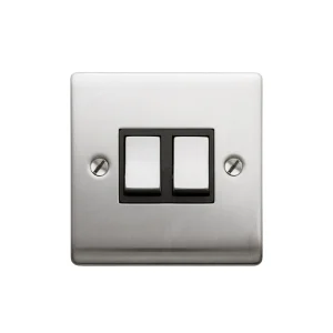 Designa 23S522B 2 Gang 2 Way 10AX Plate Switch Satin Steel with Black Insert