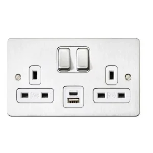 MK Socket Edge 2 Gang Double Pole Stainless Steel White Inserts 2 Port USB Charger A+C 3A/5V