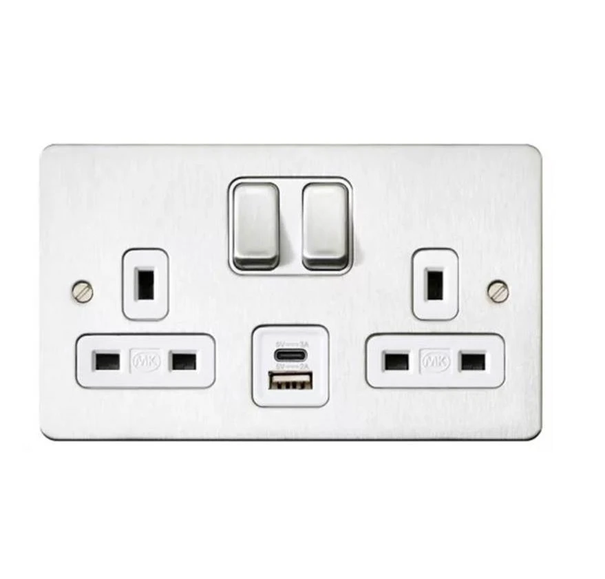 MK Socket Edge 2 Gang Double Pole Stainless Steel White Inserts 2 Port USB Charger A+C 3A/5V