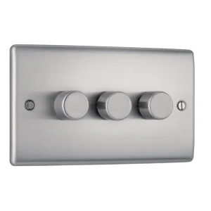 Nexus Metal Brushed Steel 3 Gang 2 Way Push Type Trailing Edge 200W Push Type Dimmer Switch