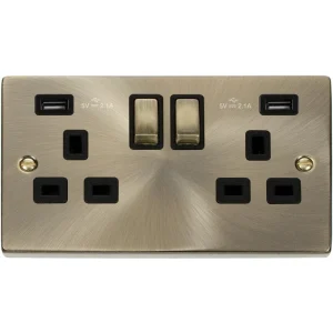 Socket Ingot 2 Gang Switched USB 13A 2 x 2.1A Antique Brass Black