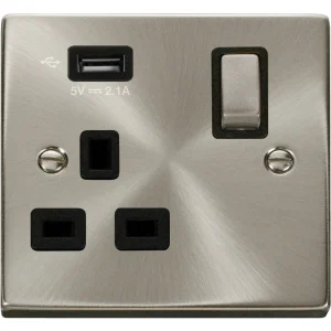 Victorian Satin Chrome Black Insert 13A Ingot 1 Gang Switched Socket Outlet With Single 2.1A USB Outlet