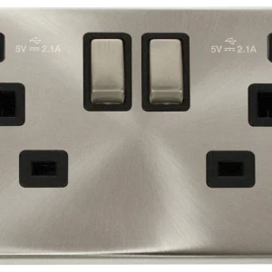 Click Deco Socket Ingot 2G Swd c/w Twin USB Outlet Black Insert Victorian 13A 2x2.1A Satin Chrome