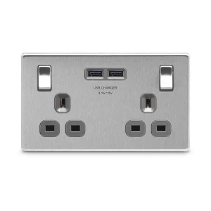 Decorative Brushed Steel 13A 2 Gang Socket + 2 x USB (3.1A) Grey Insert Switched Socket
