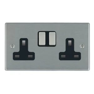 Socket 2 Gang Switched 13A 85 x 145mm Satin Steel/Satin Steel Black Insert