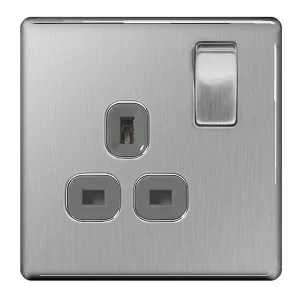 Brushed Steel Flatplate Screwless 13A 1 Gang Grey Insert Switched Socket Outlet