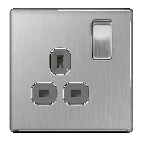 Brushed Steel Flatplate Screwless 13A 1 Gang Grey Insert Switched Socket Outlet