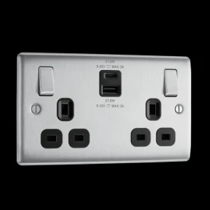 Nexus Brushed Steel Double Switched Socket 2G USB Type A + Type C 13A 22W