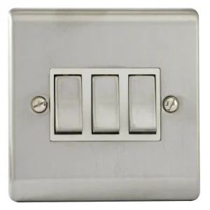 Designa 23S532 3 Gang 2 Way 10AX Plate Switch Satin Steel with White Insert