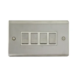 Designa 23S542 4 Gang 2 Way 10AX Plate Switch Satin Steel with White Inserts