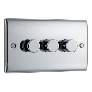 Nexus Metal Polished Chrome 3 Gang 2 Way Push Type Trailing Edge 200W Push Type Dimmer Switch