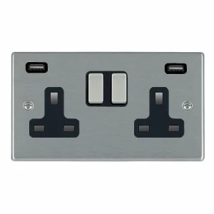Socket 2 Gang Single Pole Switched USBs 13A 85 x 145mm Satin Steel/White