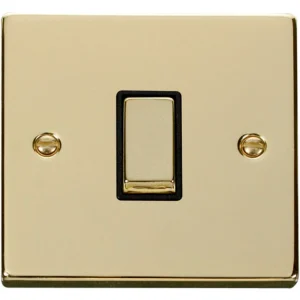 Victorian Polished Brass Black Insert 10AX Ingot 1 Gang 2 Way Plate Switch