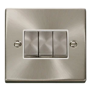 Plate Switch 3 Gang 2 Way White Insert Victorian 10A Satin Chrome