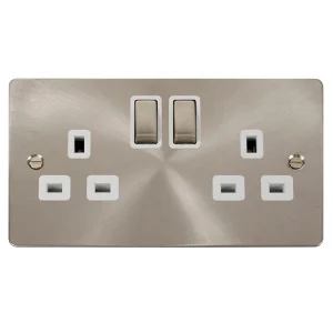 Socket 2 Gang Double Pole Switched 13A Brushed Stainless White Insert