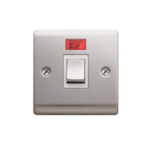 Designa 23S20L 20A 1 Gang Double Pole Switch Satin Steel With White Insert & Neon