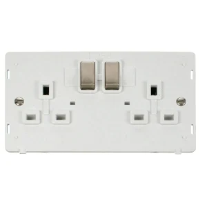 Socket Interior Ingot 2 Gang DP Switched 13A Polar White Brushed Stnl