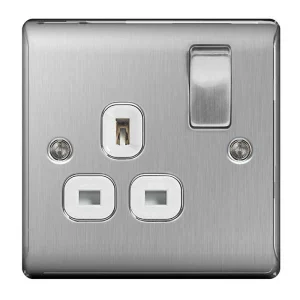 BG Nexus NBS21W Brushed Steel Switched Socket 1 Gang 13A (White Insert)