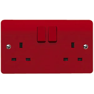 MK Logic Socket 2 Gang Switched Double Pole 13A Red Red Rockers + Plate