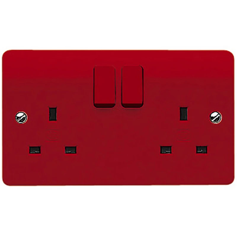 MK Logic Socket 2 Gang Switched Double Pole 13A Red Red Rockers + Plate