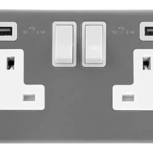 Socket 2 Gang Switched Twin 2.1A USB Outlet 13A Metalclad