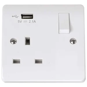 Socket 1 Gang Switched USB Outlet 13A 2.1A White