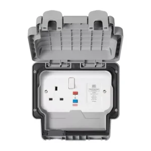 MK Electric Masterseal Plus 13A BS Fixing Active Single Gang RCD Socket Polycarbonate Surface Mount IP66 Grey
