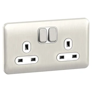 Lisse 2-Gang 2-Pole 13A Switched Socket Stainless Steel / White