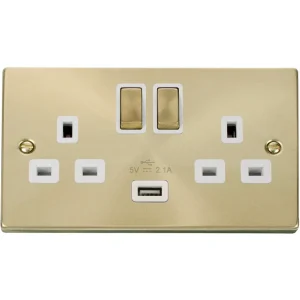 Victorian Satin Brass White Insert 13A Ingot 2 Gang Switched Socket Outlet With Single 2.1A USB Outlet