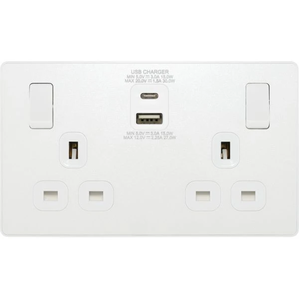 BG Evolve PCDCL22UAC30W 2 Gang Switched Socket + USB C 30W & USB A (2.1A) Pearlescent White - Image 3