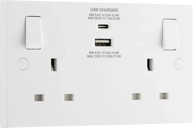 2 Gang Complete With Type A+C USB Switched Socket White - Image 3