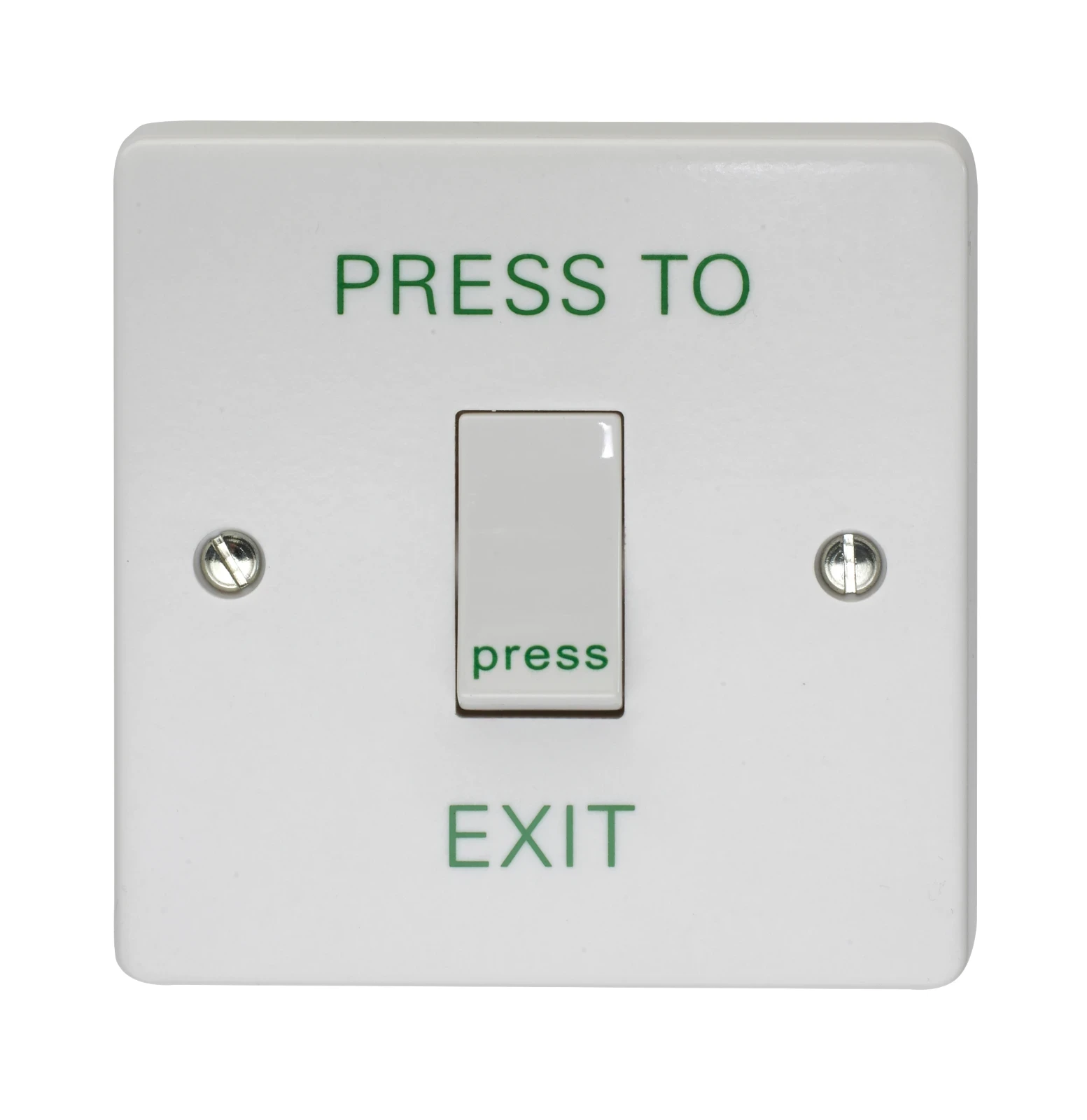 10A 1 Gang 2 Way Retractive Switch Printed 'Press To Exit' In Green - Image 3