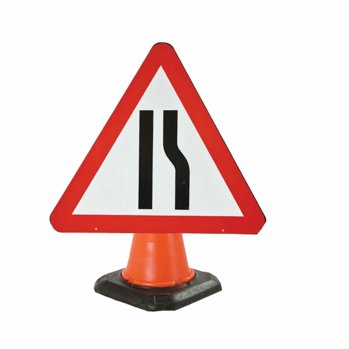 Cone Mounted Road Sign "Road Narrows Off Side" 750mm Red/White/Black - Image 2