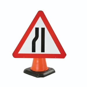 Cone Mounted Road Sign "Road Narrows Near Side" 750mm Red/White/Black