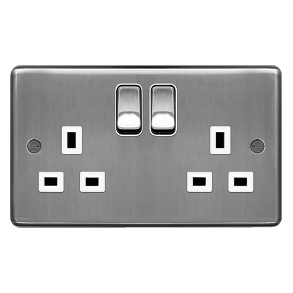 Socket 2 Gang Double Pole Switched Dual Earth 13A Brushed Steel White Insert