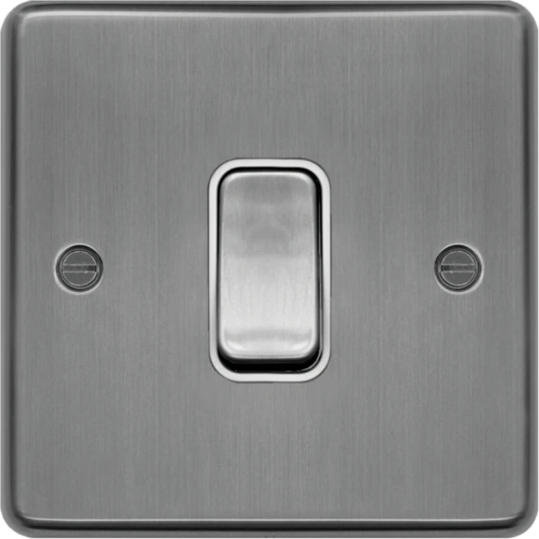 Plate Switch 1 Gang 2 Way 10AX Brushed Steel White Insert - Image 2