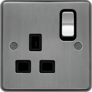 13A 1 Gang Double Pole Switched Socket Brushed Steel Black Insert