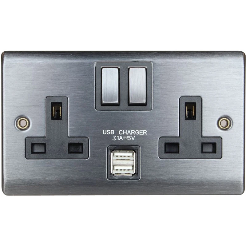 Designa 25SS132DPU3 2 Gang 13A Double Pole Switched Double Socket Graphite With Black Insert & 2 X 3.0A USB Socket