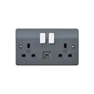 MK 2 Gang Double Pole Stainless Steel 2 Port USB PD 30W A+C Charger Grey