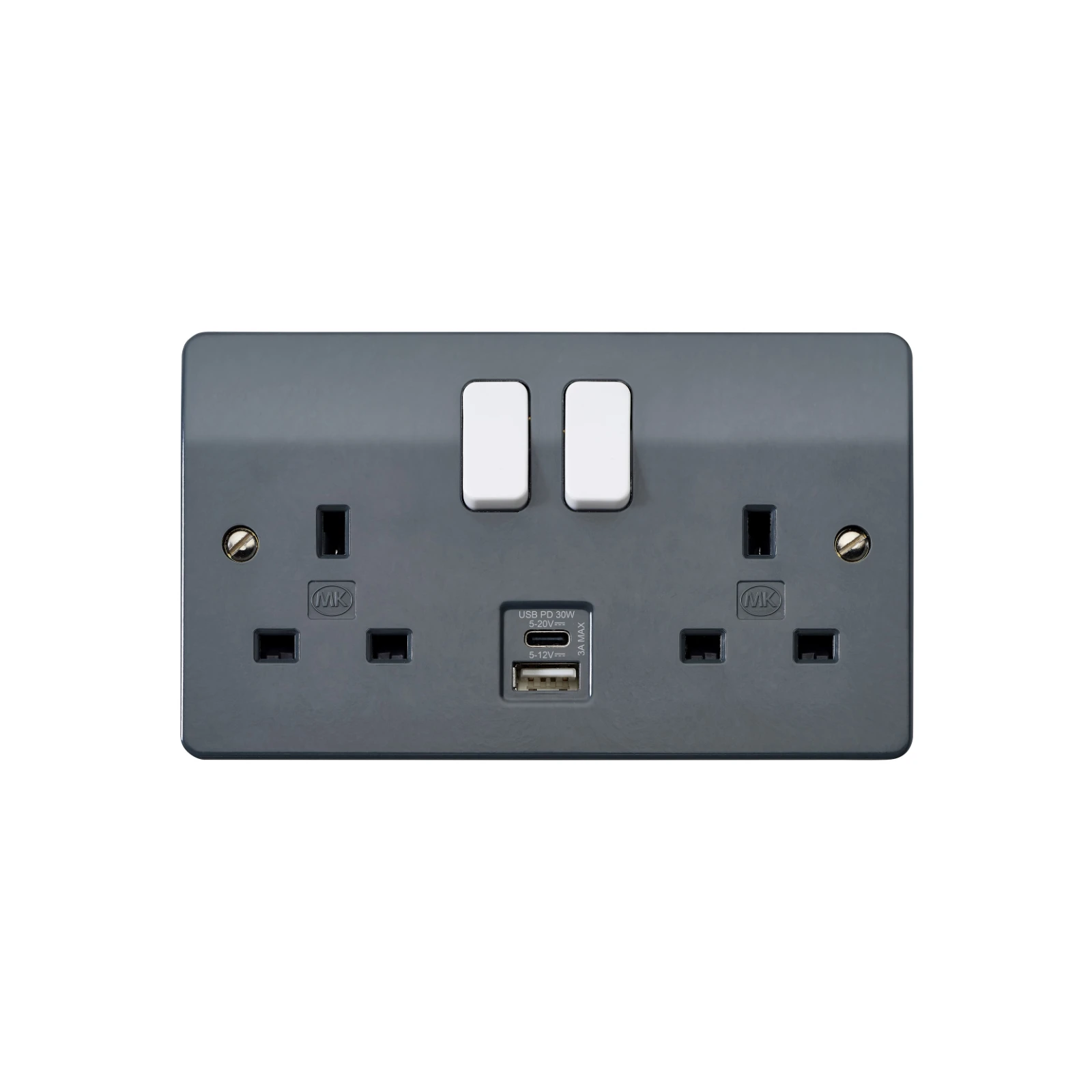 MK 2 Gang Double Pole Stainless Steel 2 Port USB PD 30W A+C Charger Grey - Image 2