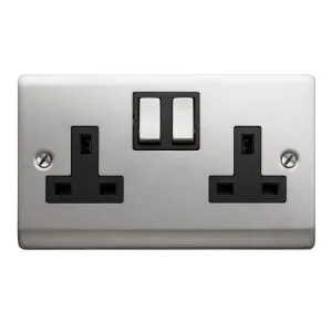 Designa 23SS132DPB 2 Gang 13A Double Pole Switched Double Socket Satin Steel With Black Insert