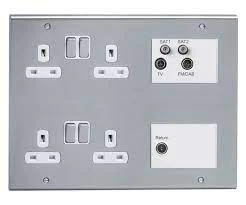 Media Plate 4 Gang 13A Socket c/w Modules White Insert Stainless Steel