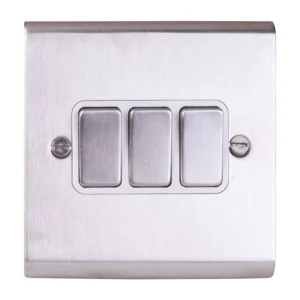 Plate Switch 3 Gang 2 Way White Insert 10A Stainless Steel