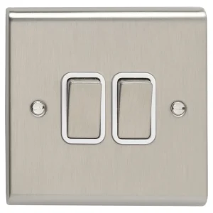 Plate Switch 2 Gang 2 Way White Insert 10A Stainless Steel