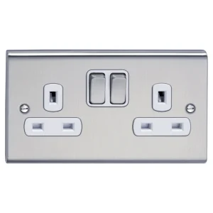 Socket 2 Gang DP Switched White Insert 13A Stainless Steel