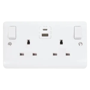 Polar White Mode 2 Gang 13A 1x USB-A 1x USB-C 4.2A Switched Socket