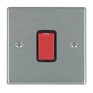 Switch Rocker Red 1 Gang DP Blk Insert 45A 88x88mm Satin Steel