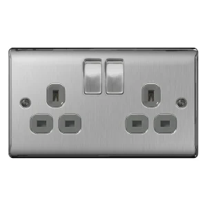 BG Nexus NBS22G 2 Gang Brushed Steel Switched Double Socket 2 Gang 13A (Grey Insert)